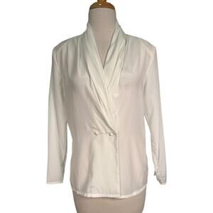 Vintage NICOLA Double Breasted Button Long Sleeve V-Neck White Size 8 Faux Silk
